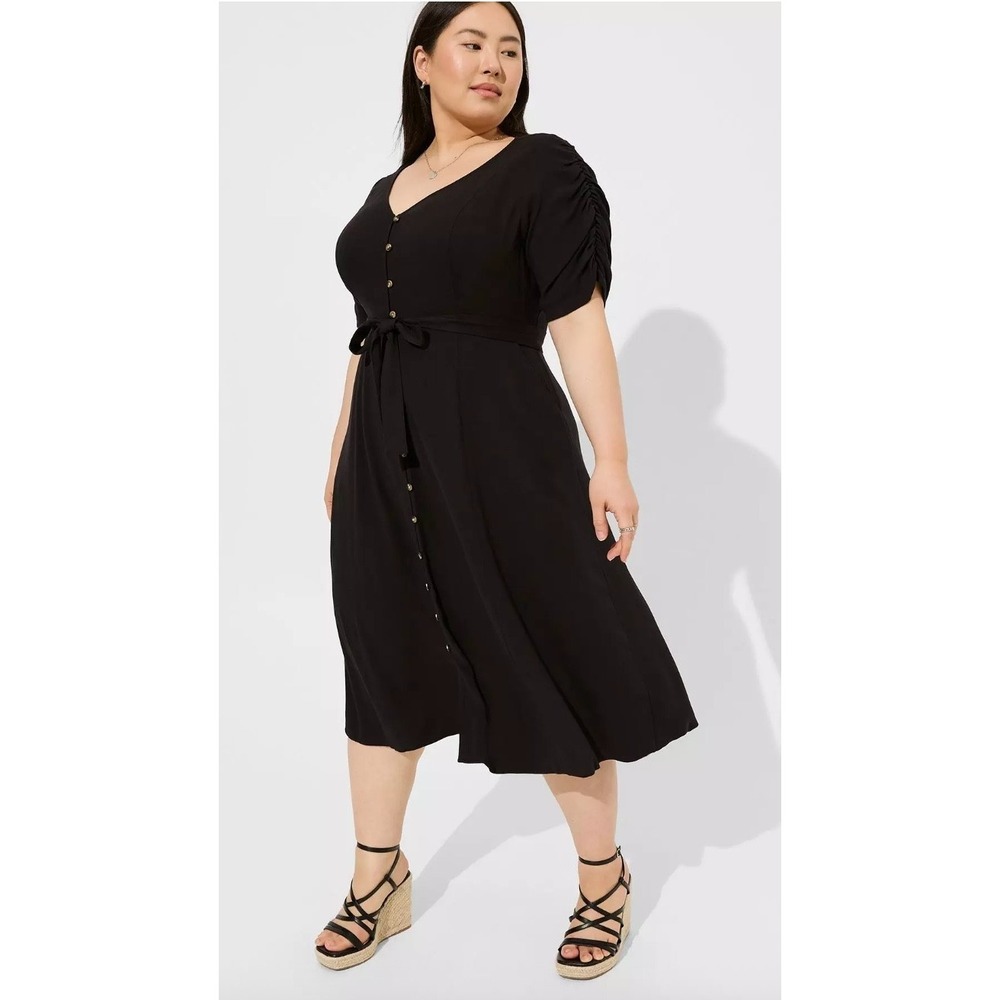 NWT Torrid Black Rayon Slub Button Front Midi Tie Dress Pockets 00 M L 10